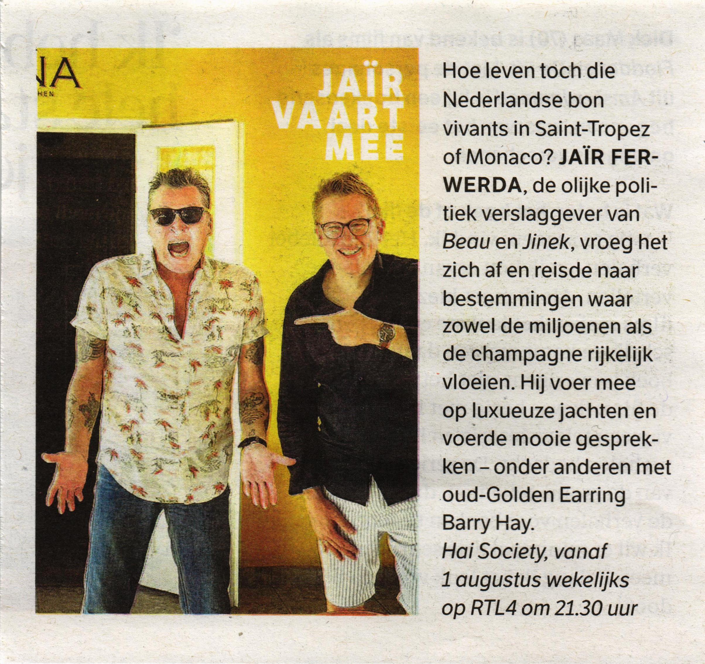 AD Newspaper Mezza magazine article with photo Barry Hay in Hai Society programma July 31 2021